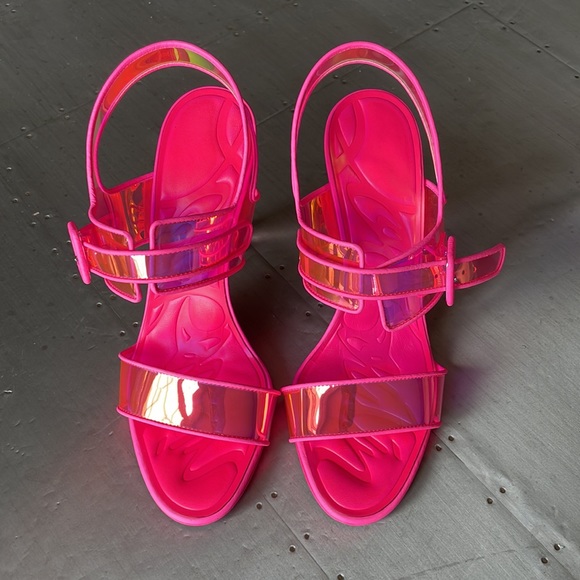 Christian Louboutin loubi duniss 100mm pink neon pvc pump peep toe sandal sz 40 - Picture 4 of 12